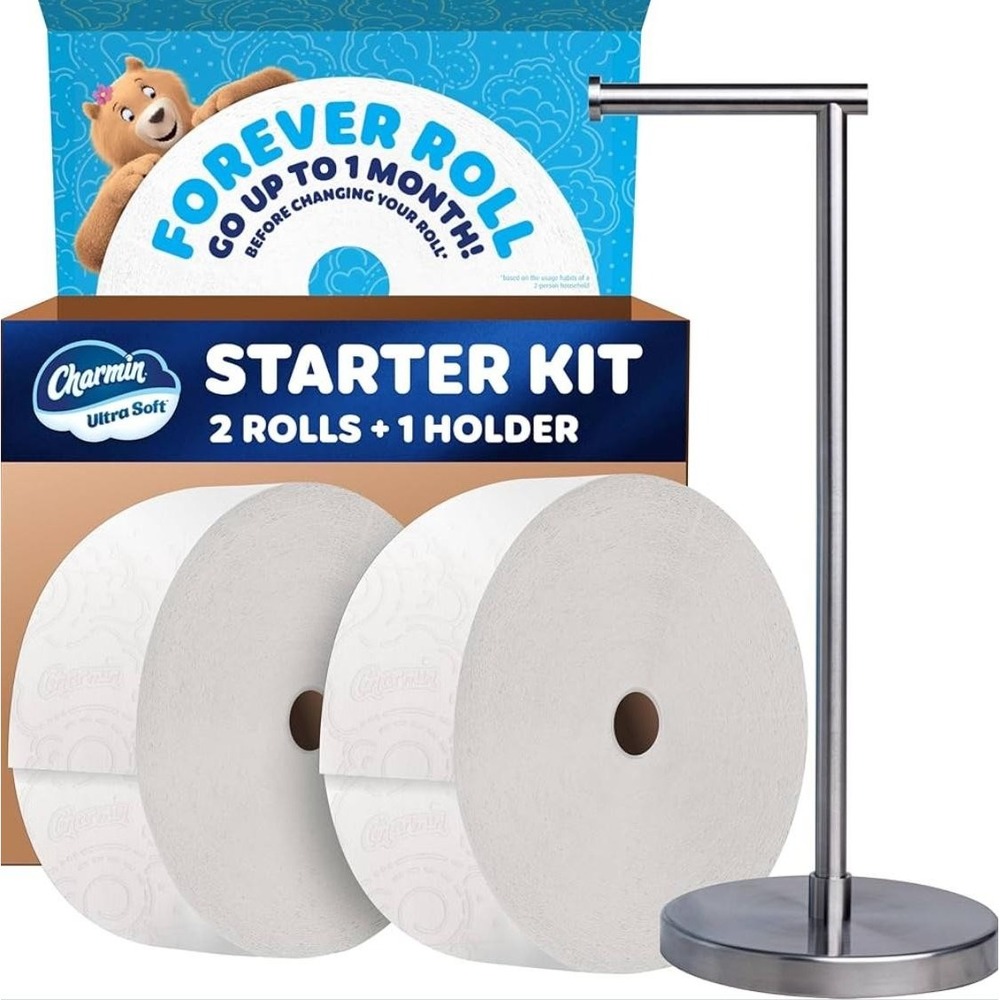Charmin Ultra Soft Forever Roll Starter‎ Kit 2 Rolls + Holder Stainless Stand